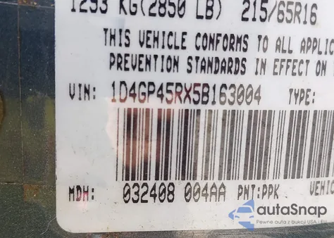 2005 Dodge Caravan Sxt z USA, uszkodzony, nr VIN 1D4GP45RX5B163004